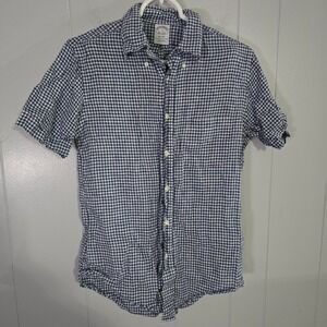 Brooks Brothers Linen Shirt Mens Small Blue Gingham Regent Fit Short Sleeve